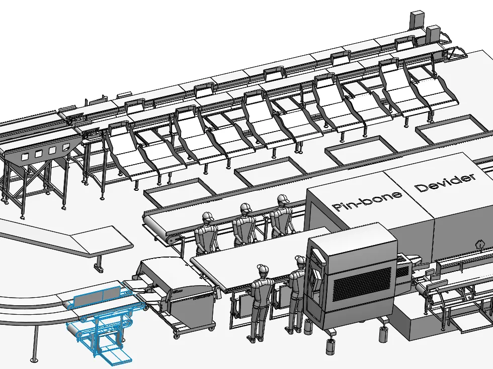3D-modell av eksisterende linje med den nye transportøren markert i blått