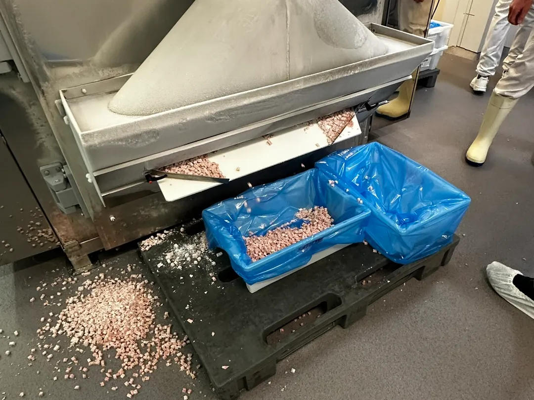 Før: kjøtterninger spilt på gulvet ved siden av plastkasser under maskinen